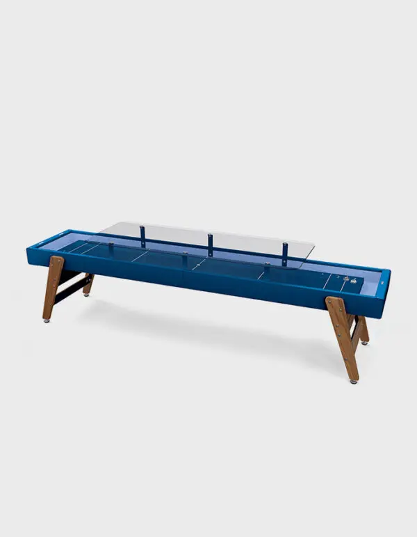 Blue shuffleboard table with glass top.