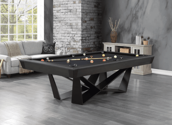 Black pool table with geometric legs.