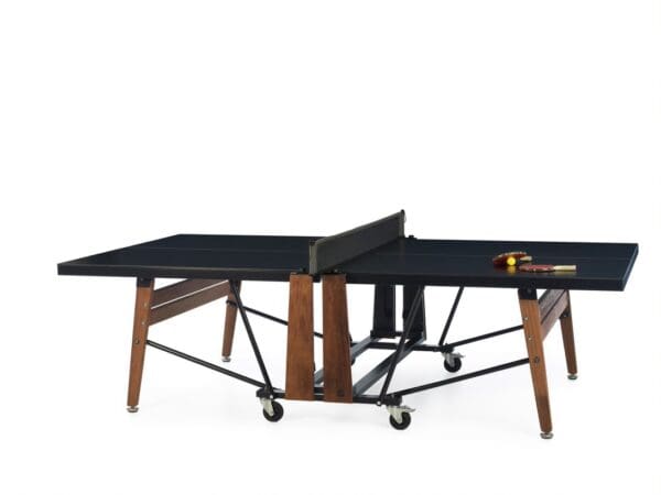 Black ping pong table with wooden legs.