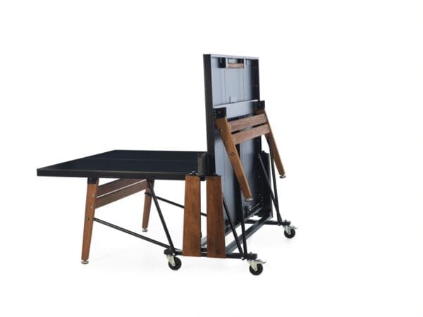 Black and wood ping pong table.