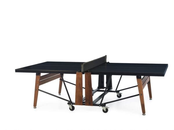 Black and wood ping pong table.