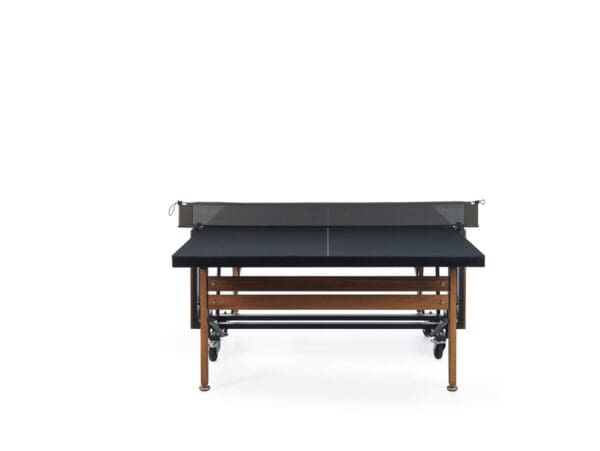 Modern wooden ping pong table with net.