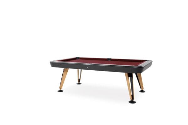 Modern pool table, dark grey and wood.