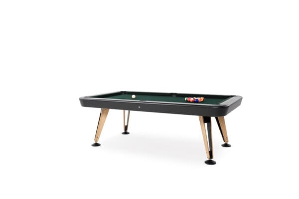 Modern pool table with balls and cue.