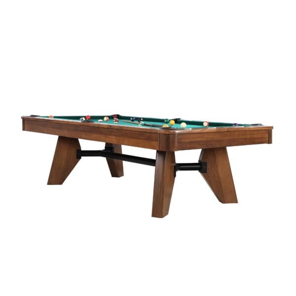Brown wooden pool table with balls.