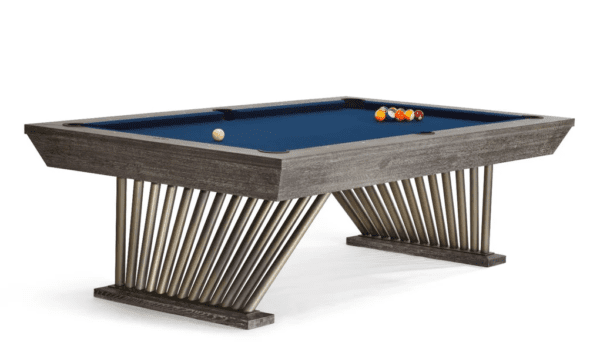Modern gray pool table with blue felt.
